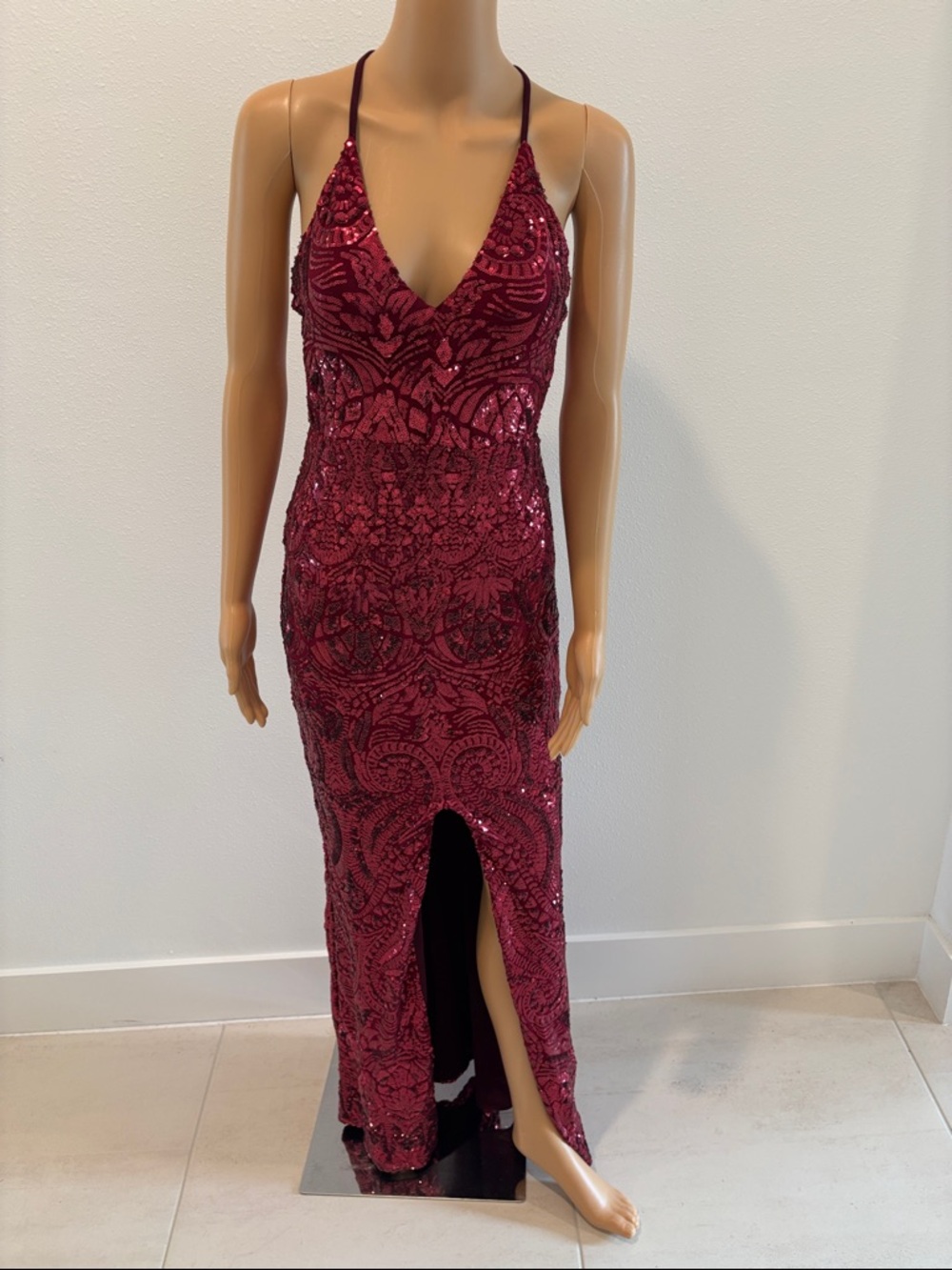Nookie Burgundy Sequin V-Neck Slit Gown